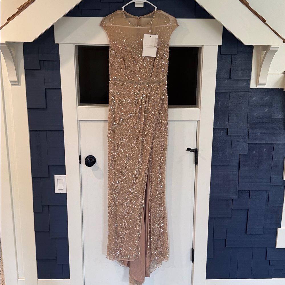 MAC DUGGAL Beige Embellished Illusion High Neck Cap Sleeve Gown - Picture 4 of 7